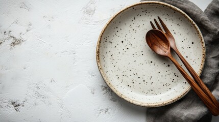 Rustic Speckled Ceramic Plate with Wooden Spoon and Fork Minimalist Table Setting