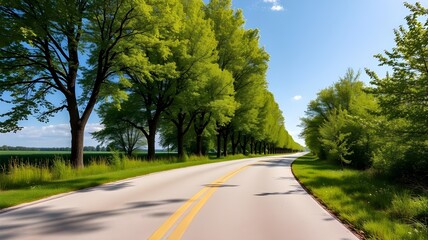A winding country road lined with vibrant green trees