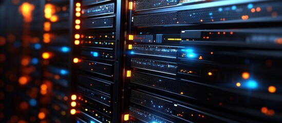Naklejka premium Data center network infrastructure showcasing advanced server technology