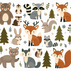 Cute woodland forest animals vector illustration including a bear, foxes, deer, raccoon, rabbit, rat, squirrel, and owl on white background