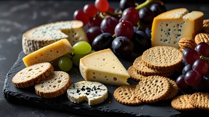 An artfully arranged cheese board on a slate surface