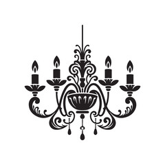 Chandelier Silhouette Vector Illustration, Solid White Background.
