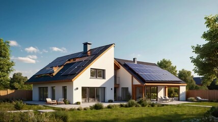 Modern eco-friendly house with solar panels on the roof, sunny suburban neighborhood, realistic photo, clear sky, lush green surroundings, sustainability concept