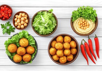 Delicious Middle Eastern Snack Platter with Hummus, Falafel Balls, Fresh Herbs, and Colorful Vegetables on a Wooden Surface