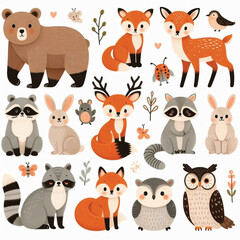 Cute woodland forest animals vector illustration including a bear, foxes, deer, raccoon, rabbit, rat, squirrel, and owl on white background