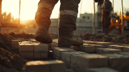 Construction Worker Walking on Bricks at Sunset