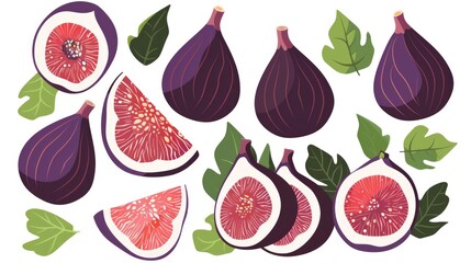 Colorful illustration of fresh figs and green leaves isolated on white background