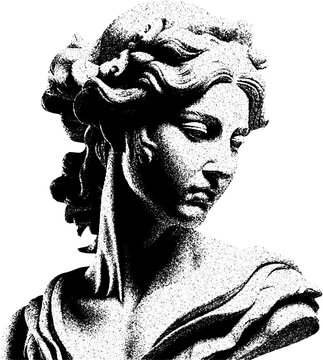 Classical female bust statue in black and white stipple engraving style. portrait of a woman with a tattoo