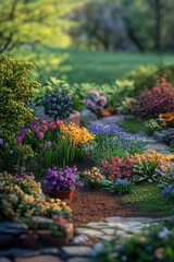 vibrant colors of spring plants in garden.