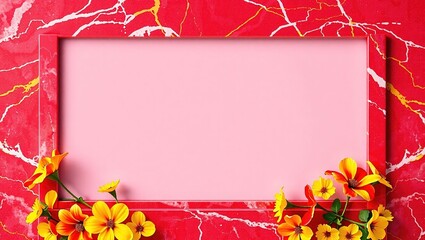 Sunburst Marble Frame with Calceolaria, Red Magenta Yellow, Design Concept