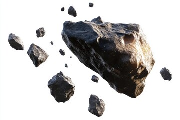 A view of several dark asteroids of varying sizes floating in space against a white background