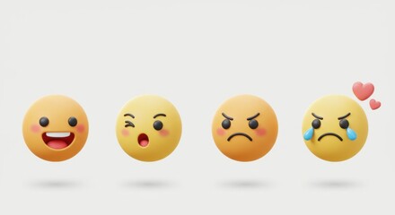 Row of 3D Rendered Expressive Yellow Faces Displaying Varied Emotions