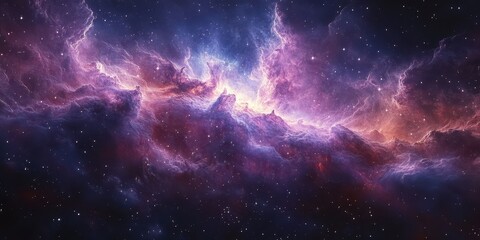 Vibrant cosmic nebula glowing in deep space with iridescent colors and twinkling stars scattered throughout the celestial backdrop