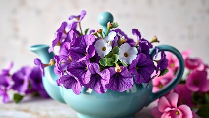 Naklejka premium Teal Dame's Rocket and Petunia Bloom on Antique Teapot - Vintage Floral Still Life