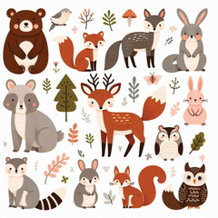 Cute woodland forest animals vector illustration including a bear, foxes, deer, raccoon, rabbit, rat, squirrel, and owl on white background
