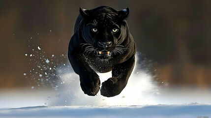Obraz premium Majestic Black Panther in Mid-Run Over Snowy Landscape at Sunset