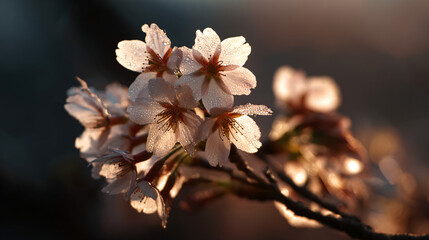 Cherry blossoms glow in early light, symbolizing renewal.