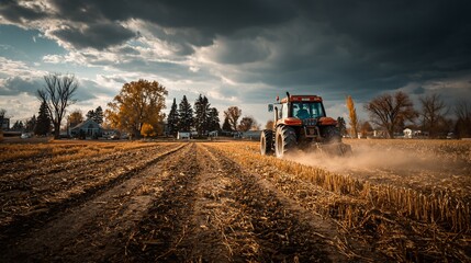 Fototapeta premium Tractor plowing field, dramatic sky
