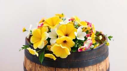 Yellow and White Flowers on Painted Wooden Barrel, Spring Decor