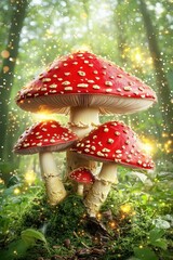 Enchanted Forest with Glowing Red Mushrooms and Gold Speckles