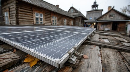 Close-up view of solar panels installed on an old church roof in Wwolnica, Poland, under bright autumn sun with colorful trees surrounding