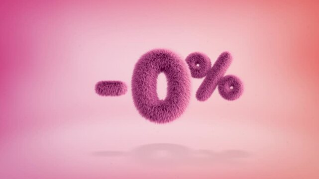 0% pink fluffy numbers and symbols on a simple gradient background with particles. Looping animation of 3D text countdown 0 percent