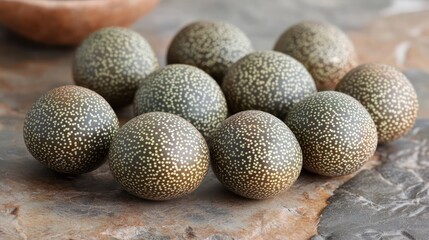 Round, patterned beads on stone surface