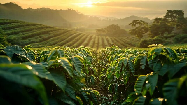 Golden Hour at the Coffee Plantation: Rows of Lush Green Coffee Plants Basking in the Warm Sunrise Light