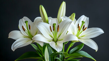 Obraz premium Elegant White Lilies Blooming with Fresh Green Leaves on Dark Background