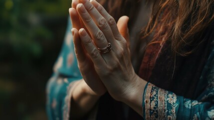 Woman's hands clasped in prayer. A sense of peace, spirituality, and mindfulness.