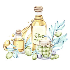 Illustration of olives and olive oil capturing the essence of Italian cuisine and natures beauty through watercolor art