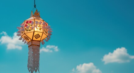 Illuminated Thai Lantern Against a Vibrant Blue Sky with Fluffy Clouds: A Serene and Festive Scene
