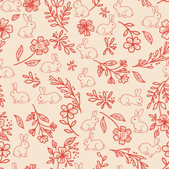Happy Easter. Seamless pattern. Vintage vector illustration. Bunnies are among the flowers. Vector illustration