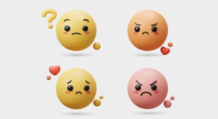Obraz premium 3D Render: Expressive Spherical Characters with Emotions, Questioning, Anger, Love, and Sadness on White.