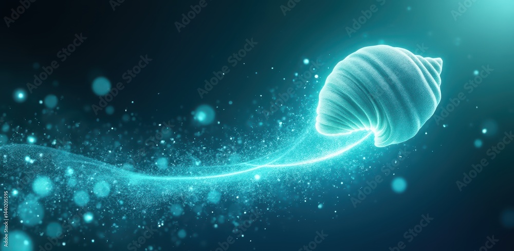 Aufkleber a glowing, abstract croissant-shaped object emits a sparkling trail in a futuristic, digital environ
