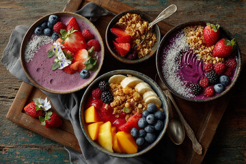 Healthy green smoothie bowl topped with bananas, berries, melon, and oats