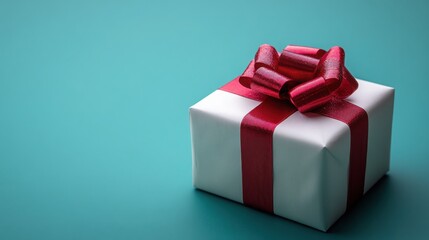 Obraz premium Elegant White Gift Box with Red Ribbon Bow on Teal Background Present Holiday Celebration