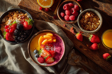 Healthy green smoothie bowl topped with bananas, berries, melon, and oats