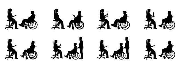 Obraz premium A nurse is advising a person in a wheelchair vector set .