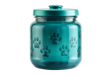 Teal container with lid and paw prints on a clean backdrop isolated on transparent background