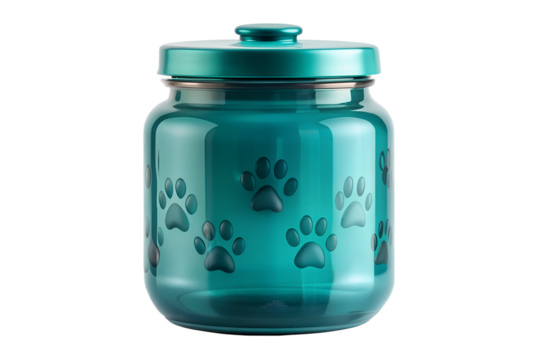 Teal container with lid and paw prints on a clean backdrop isolated on transparent background
