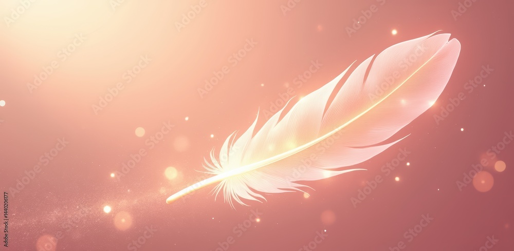 Poster a soft, glowing feather floats gently against a warm, dreamy background with sparkling light effects