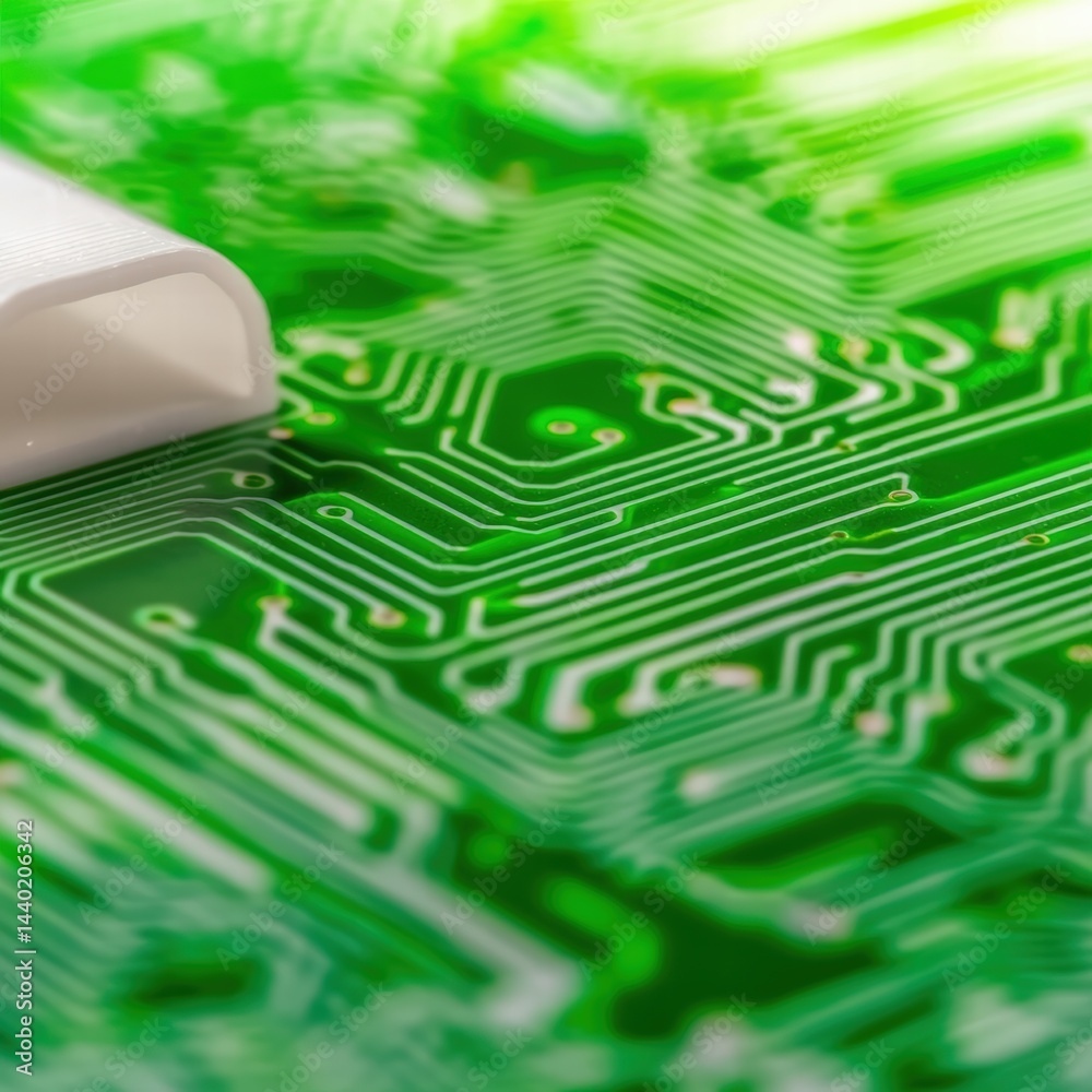 Poster high-resolution image of a computer chip mounted on a circuit board for advanced technology