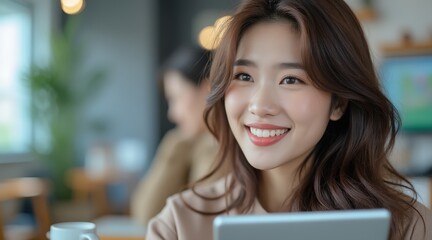 A young woman smiles while using a digital tablet in a cozy, well-lit cafe setting.