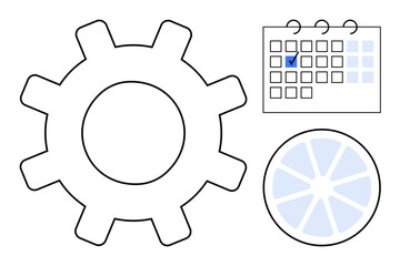 Gear symbolizing work, calendar with a marked date, and pie chart segment. Ideal for teamwork, scheduling, productivity, planning, workflow efficiency time management. Flat simple metaphor