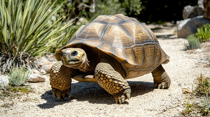 Majestic tortoise exploring a scenic path in natural surroundings