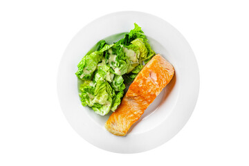 Salmon fish fried seafood dish fresh gourmet food background on the table rustic food top view copy space pescetarian diet
