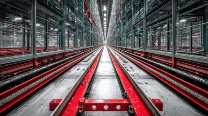 Fototapeta premium Red and gray industrial warehouse interior with automated storage and retrieval system, showcasing long parallel red tracks and metal shelving units.