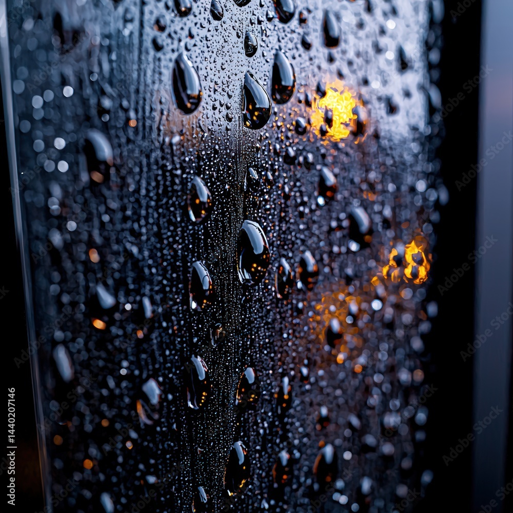 Poster rain drops collecting on a window pane with a soft background creating a peaceful and calm scene
