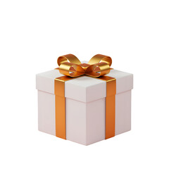 White gift box with Elegant golden ribbon and rElegant golden bow on white or transparent background, PNG